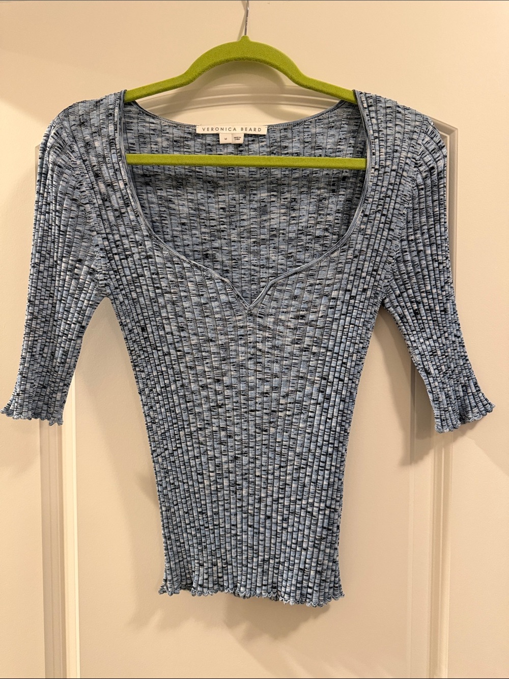 Veronica Beard Heathered Light Blue Ribbed Scoop-Neck Top